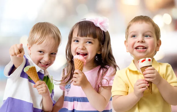 Picture joy, ice cream, girl, smile, boys, happy, Threesome