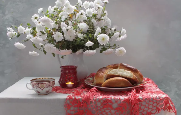 Winter, flowers, still life, chrysanthemum, cakes, December, pies