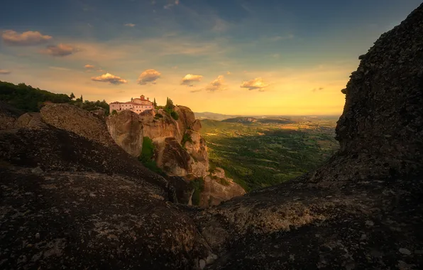 The sky, clouds, stones, open, rocks, the building, view, height