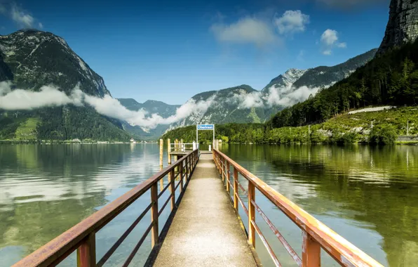 Forest, clouds, mountains, lake, rocks, Austria, pier, Hallstatt