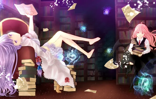 Picture magic, girls, books, wings, chair, art, library, touhou