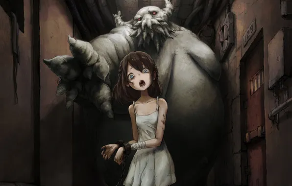 Girl, fear, anime, the door, art, corridor, monster, chain