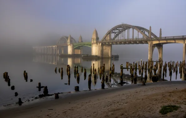 The sky, bridge, fog, river, dawn, support