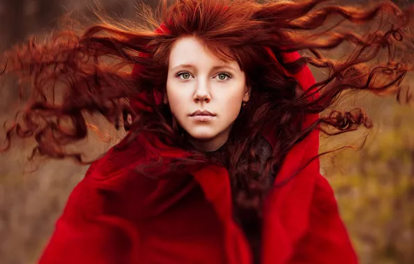 Picture portrait, in red, redhead, Red Riding Hood