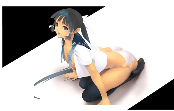 Schoolgirl, long hair, black stockings, sailor, white blouse, sitting on my lap