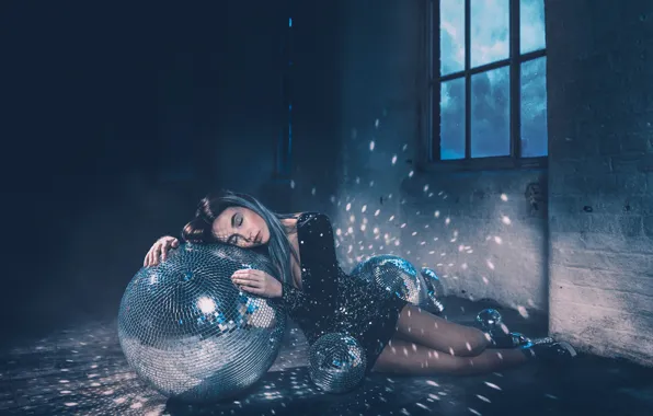 Girl, reflection, night, pose, glare, balls, wall, sleep
