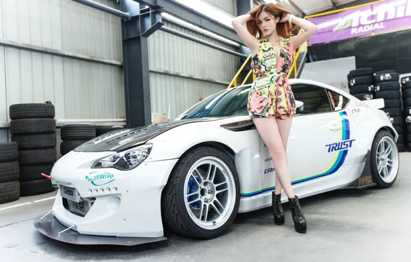 Look, girl, Asian, beautiful girl, white car, posing on the car