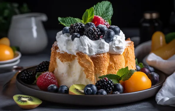 Berries, cake, fruit, cream, AI art, neural network