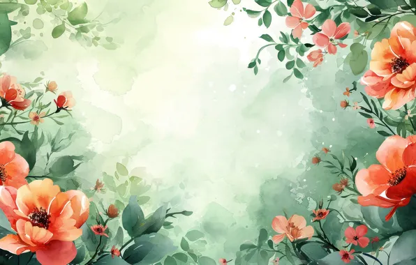 Leaves, flowers, frame, watercolor, red, composition, imitation, imitation painting