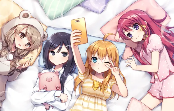 Girls, toy, bed, selfie, purple
