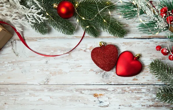 Winter, branches, holiday, Board, ball, fruit, Christmas, hearts