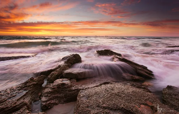 Wave, the sky, clouds, sunset, stones, the evening, The Indian ocean, Western Australia