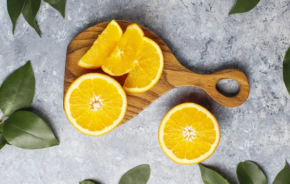 Leaves, oranges, cutting Board