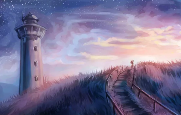 The sky, grass, girl, stars, lighthouse, art, steps