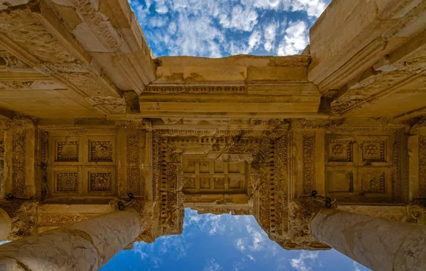 The sky, ruins, architecture, Turkey, Ephesus, the library of Celsus