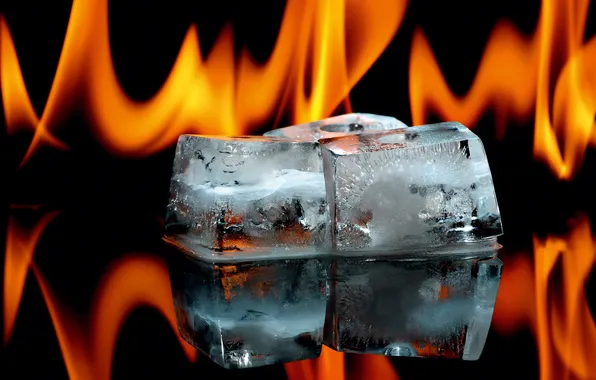 Fire, flame, ice, hot, cubes, black background, cold, conceptual