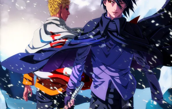 Picture sword, Sasuke, Naruto, blizzard, snow, katana, ken, blade
