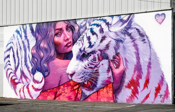 Girl, face, tiger, wall, paint, graffiti