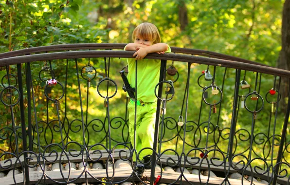 Picture greens, summer, trees, reverie, pose, sword, boy, fence