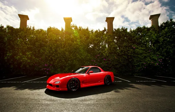 Wallpaper the sun, columns, red, Mazda, Blik, red, front, Mazda, RX-7 ...