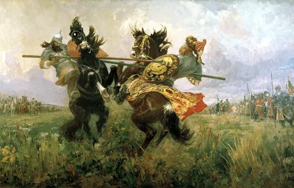 Picture oil, Canvas, Duel on the Kulikovo field, Mikhail Ivanovich Avilov, Peresvet and Chelubey