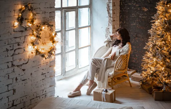 Picture girl, pose, chair, window, gifts, New year, tree, pajamas