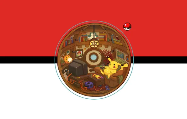 Picture house, room, ball, chair, TV, Pikachu, room, shelves