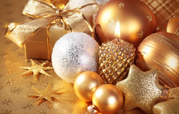 Balls, decoration, holiday, Christmas, candle, gifts, New year
