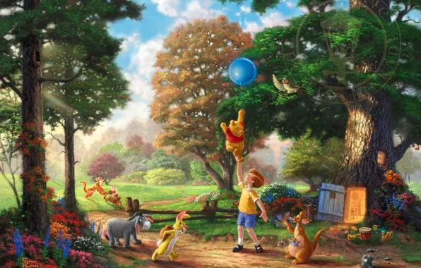 Picture forest, trees, flowers, glade, toys, ball, Rabbit, art