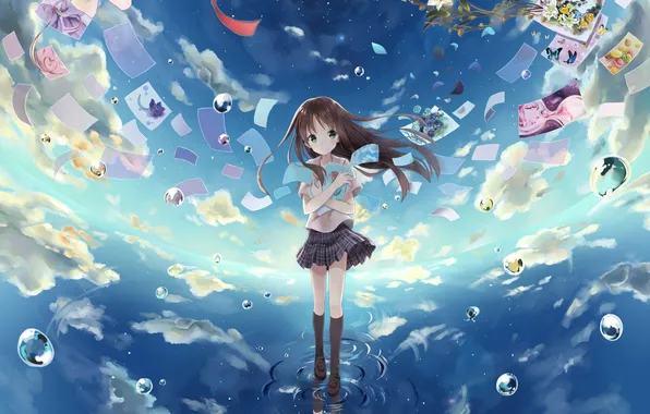 Water, clouds, bubbles, paper, art, girl, cards, nononon