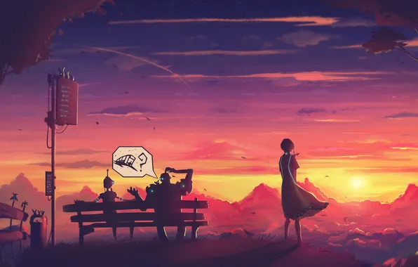Picture girl, sunset, waiting, robots, waiting