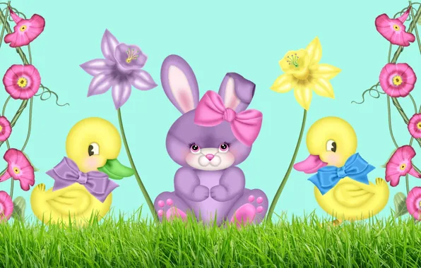 Figure, flowers, Bunny, ducklings, bow, Narcissus, children's, bindweed
