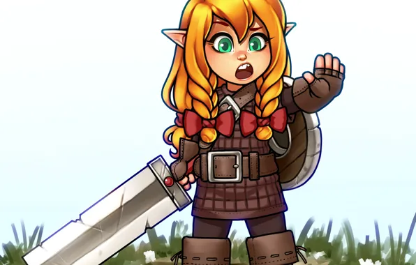 Hair, elf, hand, sword, art, girl, shield