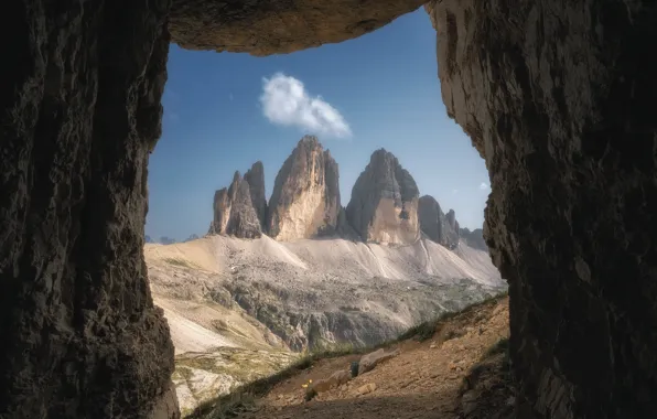 The sky, mountains, rocks, view, arch, cave, hole, arch