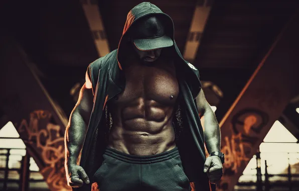 Muscle, model, man, interior, hood, male, informal, masculinity