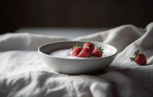 Berries, rendering, table, Breakfast, strawberry, fabric, bowl, tablecloth