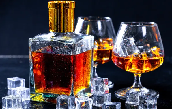 Glass, bottle, ice, cube, cognac, brandy