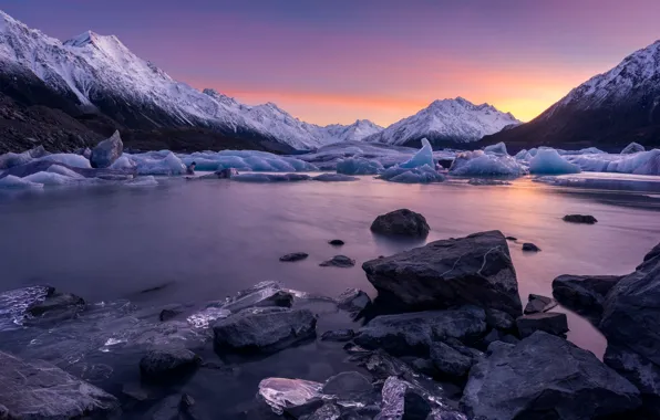 Ice, winter, the sky, clouds, snow, landscape, sunset, mountains