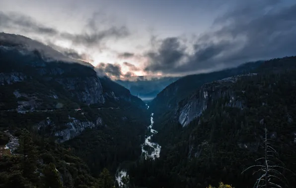 Forest, the sky, clouds, trees, landscape, sunset, mountains, nature