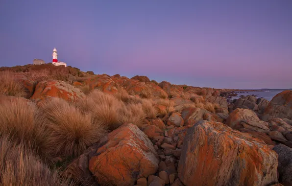 Shore, lighthouse, the evening, boulders