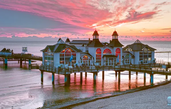 Sea, beach, clouds, light, sunset, lights, house, shore
