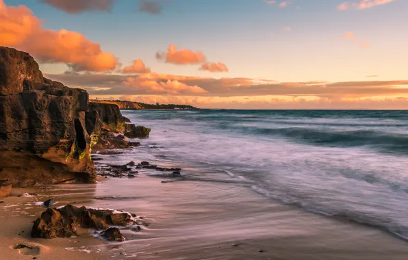 Sea, wave, beach, clouds, sunset