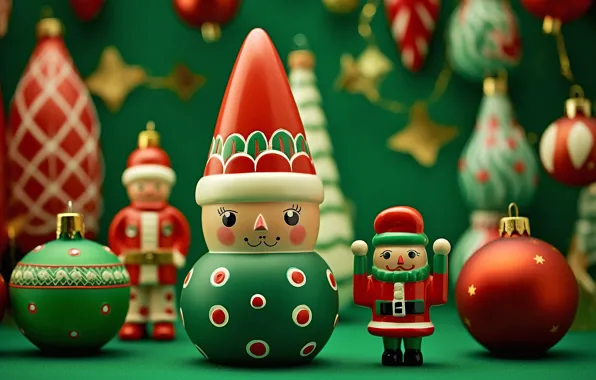 Balls, toys, Christmas, New year, figures, green background, Christmas decorations, AI art