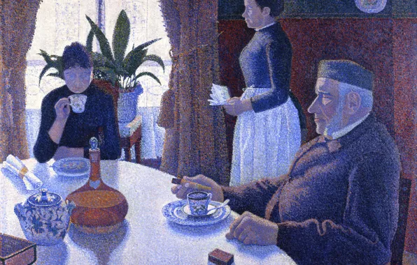 Table, people, interior, picture, Dining room, genre, Paul Signac, pointillism
