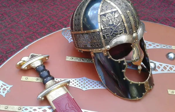 Picture Sword, Helmet, Shield, Wandalska era, Meroving, Wendel 14, Helmet Wendel 14, Shield Valsgarde 7