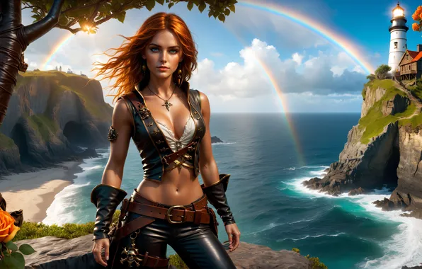Widescreen, sea, girls, nature, water, people, drawings, neural network
