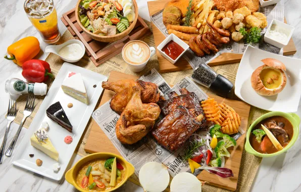 Coffee, chicken, meat, pepper, vegetables, sauce, cakes, salad