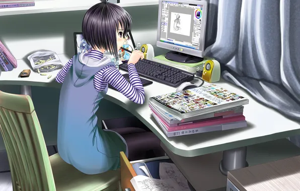 Picture computer, room, art, drawings, girl, pencil, silversirius