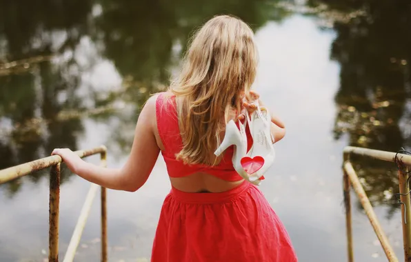 Water, girl, heart, back, dress, blonde, shoes, neckline