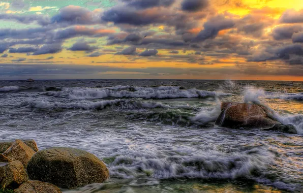Sea, wave, the sky, clouds, stones